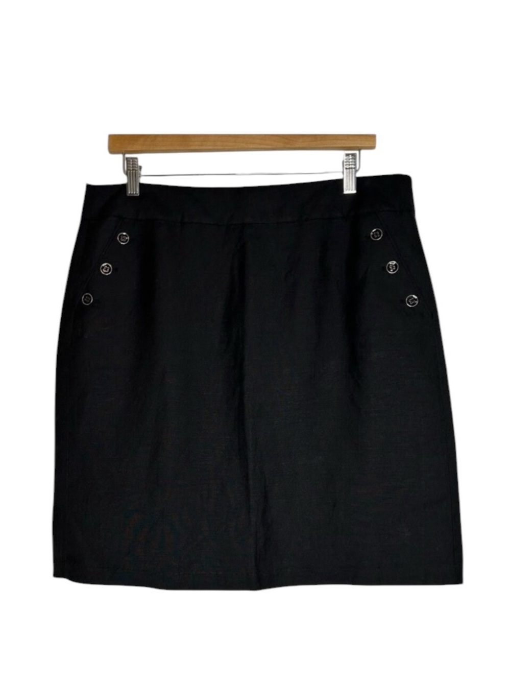 Darjoni Linen Blend Pencil Skirt Black Size 14 Button Detail Pockets Summer